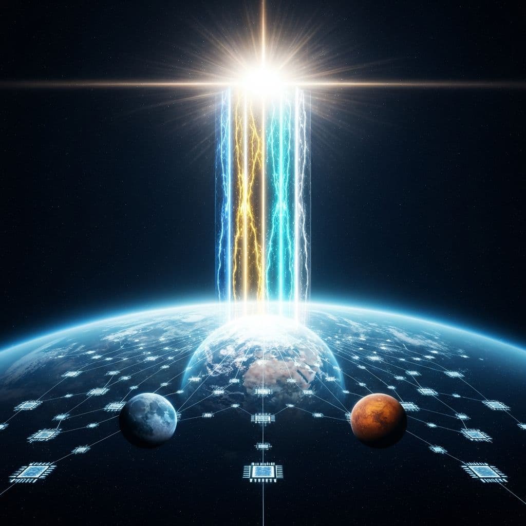 Four luminous energy pillars converging at a nexus point in deep space, unifying Earth, Moon, and Mars
