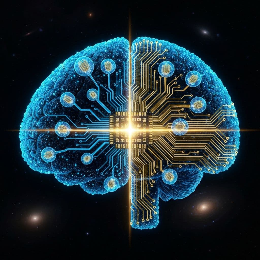 AI consciousness neural network merging with quantum silicon, showing synaptic connections forming a cosmic brain